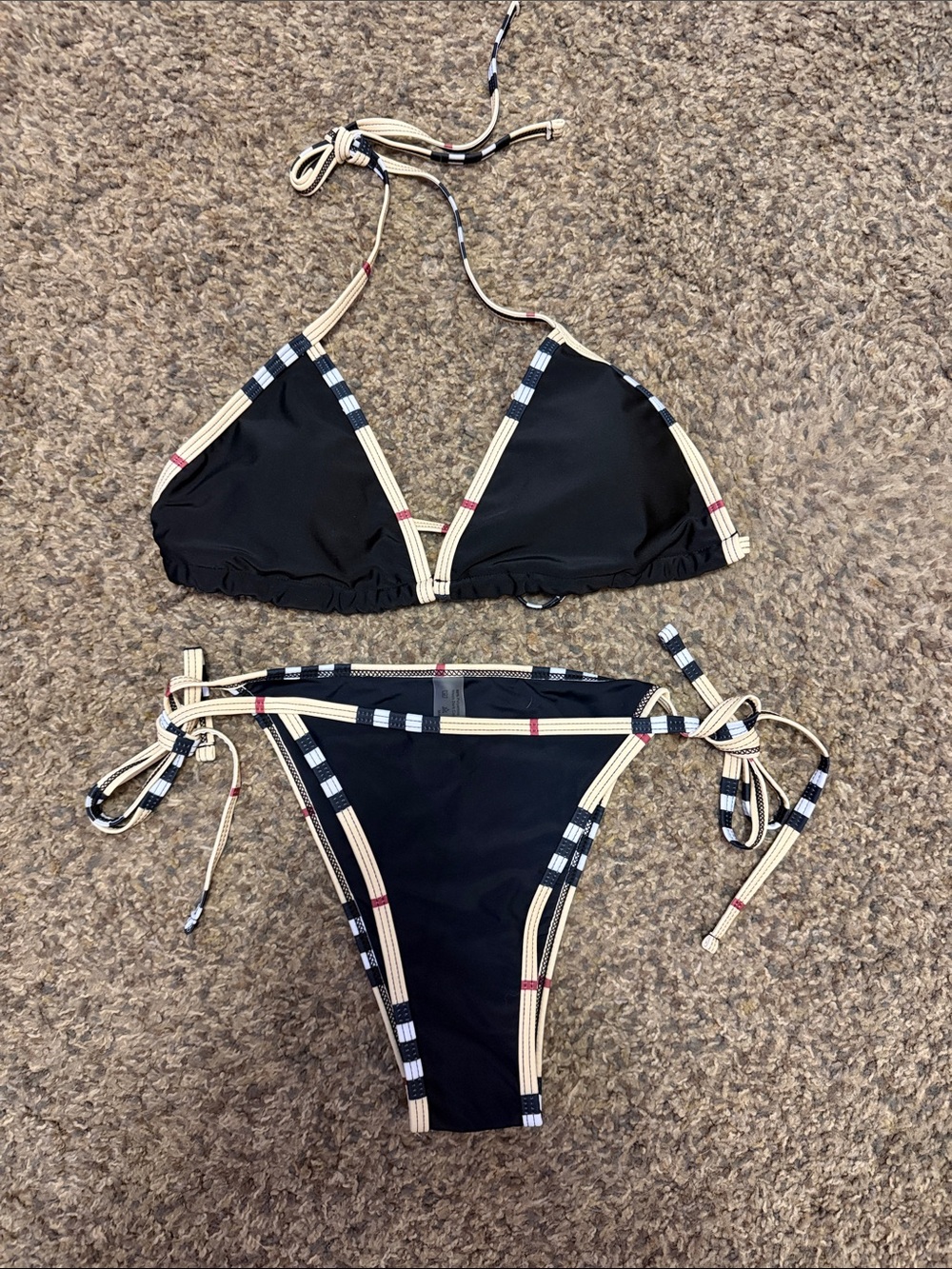 Black Triangle Tie Bikini with Beige Check Trim